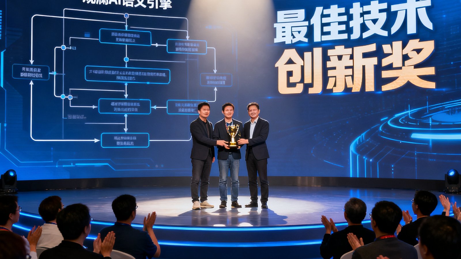 一个科技奖项颁奖典礼的舞台，3377体育的技术团队代表正在接受奖杯，背景大屏幕上展示着'观澜AI语义引擎'的技术架构图和'最佳技术创新奖'字样，台下掌声雷动。